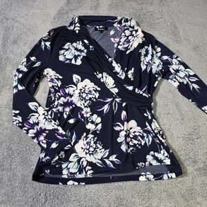 DKNY Womens XL Faux Wrap Top Navy Blue Floral Long Sleeve V-Neck Stretch Jersey